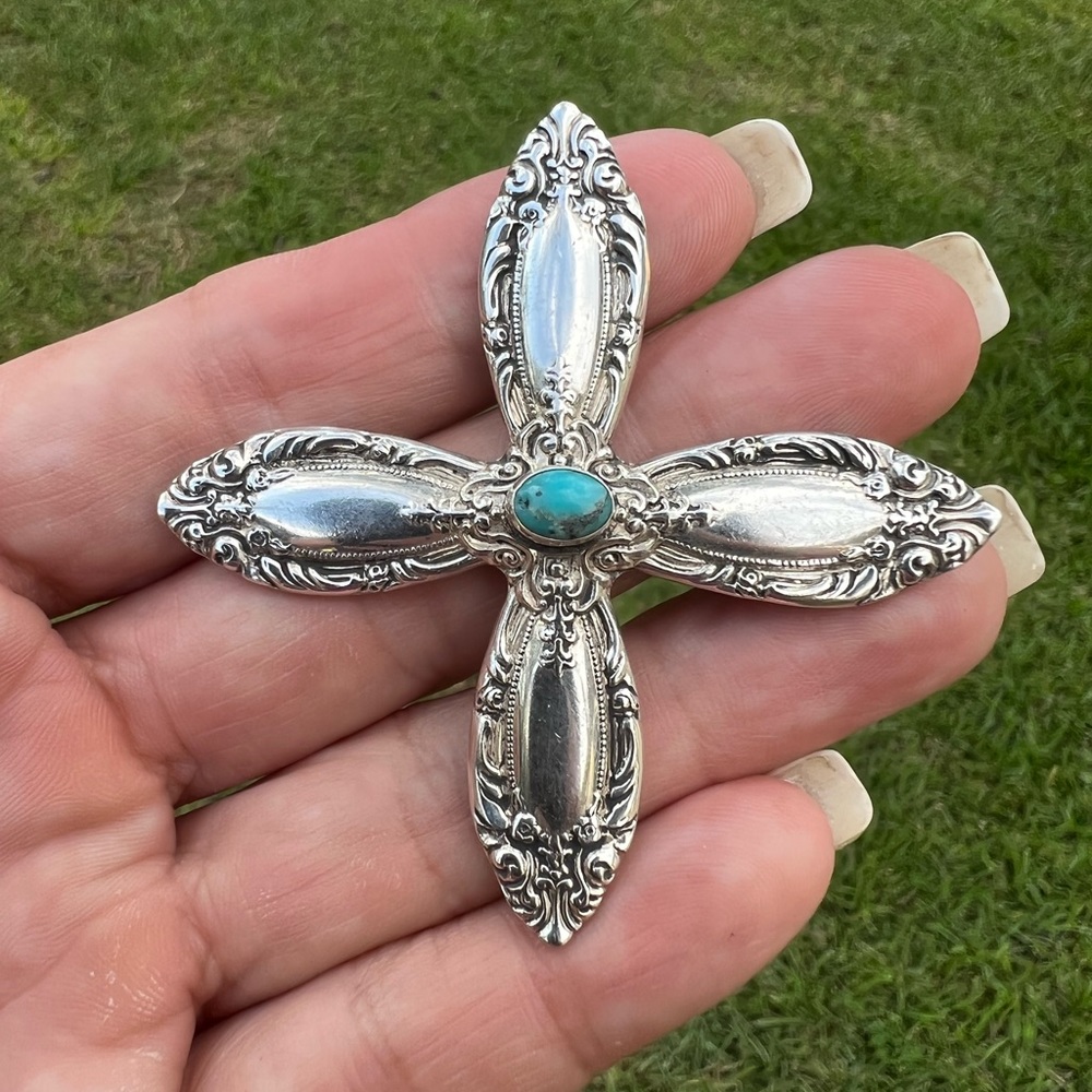 Vintage Sterling Silver Towle Turquoise Large & Heavy Cross Pendant